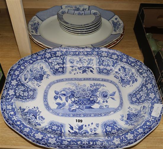 A large blue and white meat plate, 2 others etc